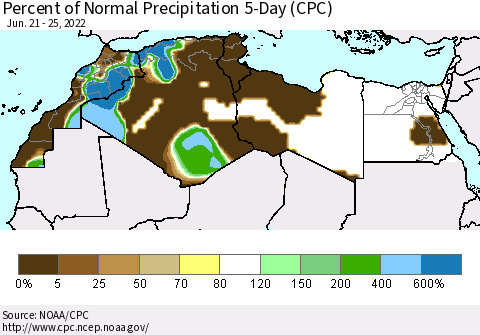 North Africa Percent of Normal Precipitation 5-Day (CPC) Thematic Map For 6/21/2022 - 6/25/2022