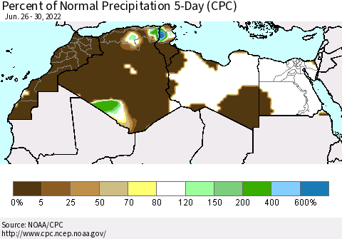 North Africa Percent of Normal Precipitation 5-Day (CPC) Thematic Map For 6/26/2022 - 6/30/2022
