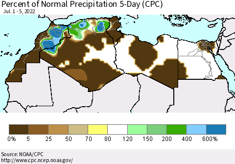 North Africa Percent of Normal Precipitation 5-Day (CPC) Thematic Map For 7/1/2022 - 7/5/2022