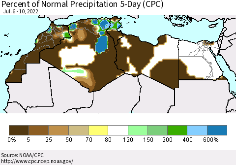 North Africa Percent of Normal Precipitation 5-Day (CPC) Thematic Map For 7/6/2022 - 7/10/2022
