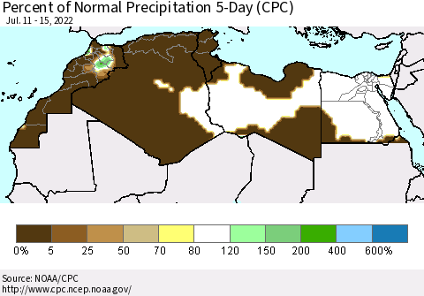 North Africa Percent of Normal Precipitation 5-Day (CPC) Thematic Map For 7/11/2022 - 7/15/2022