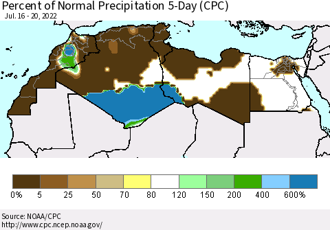 North Africa Percent of Normal Precipitation 5-Day (CPC) Thematic Map For 7/16/2022 - 7/20/2022