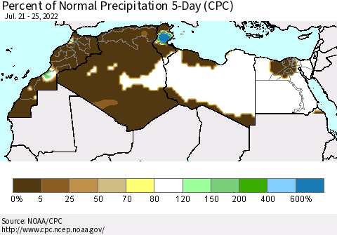 North Africa Percent of Normal Precipitation 5-Day (CPC) Thematic Map For 7/21/2022 - 7/25/2022