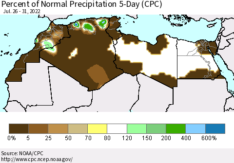 North Africa Percent of Normal Precipitation 5-Day (CPC) Thematic Map For 7/26/2022 - 7/31/2022