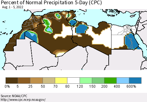 North Africa Percent of Normal Precipitation 5-Day (CPC) Thematic Map For 8/1/2022 - 8/5/2022