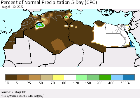 North Africa Percent of Normal Precipitation 5-Day (CPC) Thematic Map For 8/6/2022 - 8/10/2022