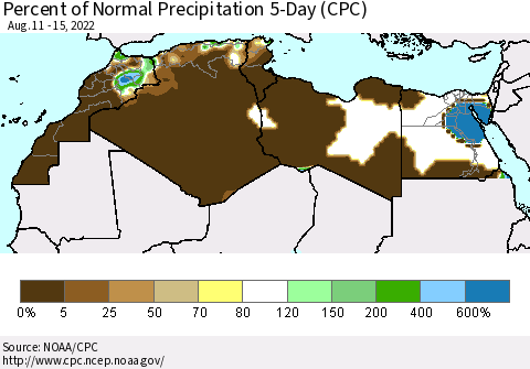 North Africa Percent of Normal Precipitation 5-Day (CPC) Thematic Map For 8/11/2022 - 8/15/2022