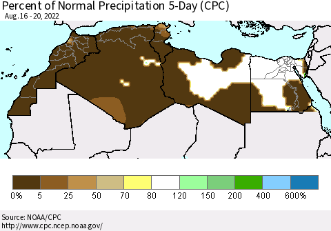 North Africa Percent of Normal Precipitation 5-Day (CPC) Thematic Map For 8/16/2022 - 8/20/2022