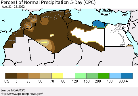 North Africa Percent of Normal Precipitation 5-Day (CPC) Thematic Map For 8/21/2022 - 8/25/2022