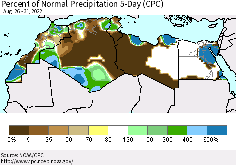North Africa Percent of Normal Precipitation 5-Day (CPC) Thematic Map For 8/26/2022 - 8/31/2022
