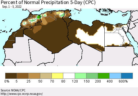 North Africa Percent of Normal Precipitation 5-Day (CPC) Thematic Map For 9/1/2022 - 9/5/2022