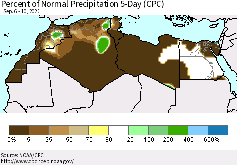 North Africa Percent of Normal Precipitation 5-Day (CPC) Thematic Map For 9/6/2022 - 9/10/2022