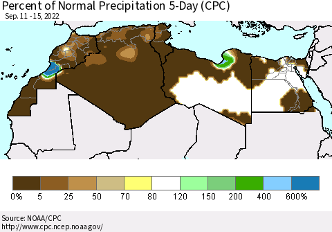 North Africa Percent of Normal Precipitation 5-Day (CPC) Thematic Map For 9/11/2022 - 9/15/2022