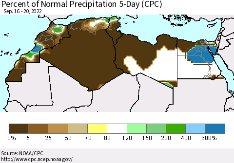 North Africa Percent of Normal Precipitation 5-Day (CPC) Thematic Map For 9/16/2022 - 9/20/2022