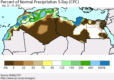 North Africa Percent of Normal Precipitation 5-Day (CPC) Thematic Map For 9/21/2022 - 9/25/2022