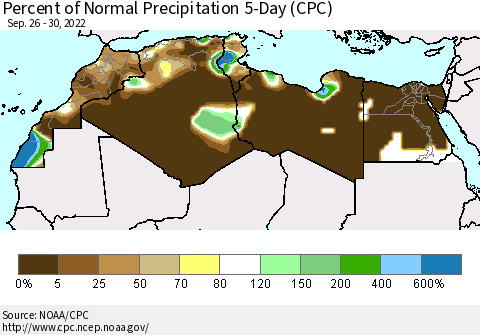 North Africa Percent of Normal Precipitation 5-Day (CPC) Thematic Map For 9/26/2022 - 9/30/2022
