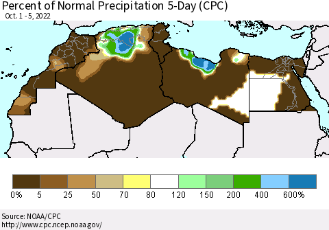 North Africa Percent of Normal Precipitation 5-Day (CPC) Thematic Map For 10/1/2022 - 10/5/2022