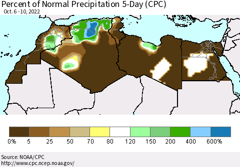 North Africa Percent of Normal Precipitation 5-Day (CPC) Thematic Map For 10/6/2022 - 10/10/2022