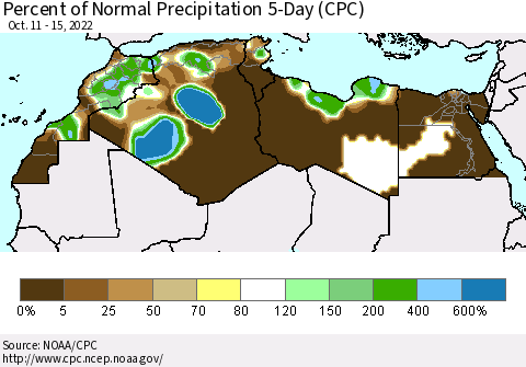 North Africa Percent of Normal Precipitation 5-Day (CPC) Thematic Map For 10/11/2022 - 10/15/2022