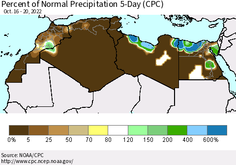 North Africa Percent of Normal Precipitation 5-Day (CPC) Thematic Map For 10/16/2022 - 10/20/2022