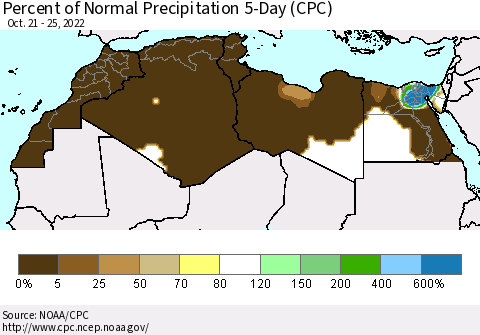 North Africa Percent of Normal Precipitation 5-Day (CPC) Thematic Map For 10/21/2022 - 10/25/2022