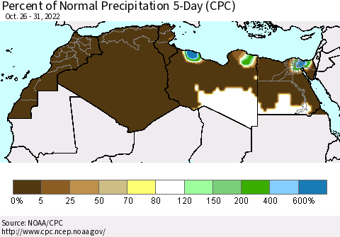North Africa Percent of Normal Precipitation 5-Day (CPC) Thematic Map For 10/26/2022 - 10/31/2022