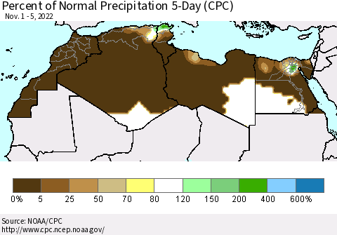 North Africa Percent of Normal Precipitation 5-Day (CPC) Thematic Map For 11/1/2022 - 11/5/2022