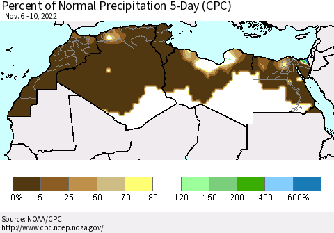 North Africa Percent of Normal Precipitation 5-Day (CPC) Thematic Map For 11/6/2022 - 11/10/2022