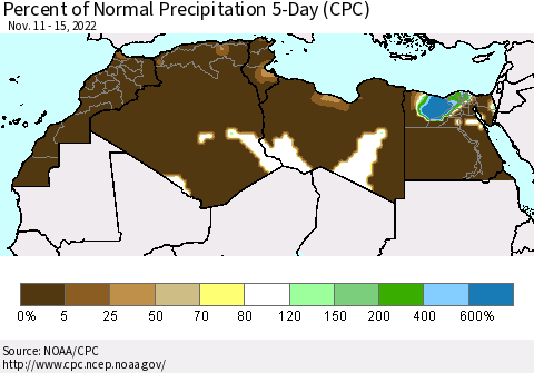 North Africa Percent of Normal Precipitation 5-Day (CPC) Thematic Map For 11/11/2022 - 11/15/2022