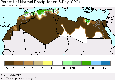 North Africa Percent of Normal Precipitation 5-Day (CPC) Thematic Map For 11/16/2022 - 11/20/2022