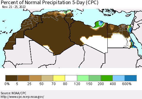North Africa Percent of Normal Precipitation 5-Day (CPC) Thematic Map For 11/21/2022 - 11/25/2022