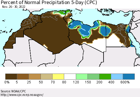 North Africa Percent of Normal Precipitation 5-Day (CPC) Thematic Map For 11/26/2022 - 11/30/2022