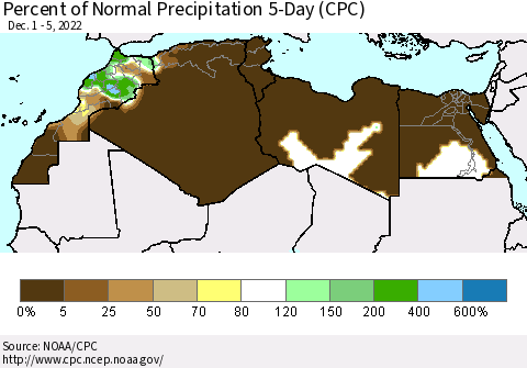 North Africa Percent of Normal Precipitation 5-Day (CPC) Thematic Map For 12/1/2022 - 12/5/2022