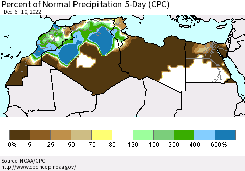 North Africa Percent of Normal Precipitation 5-Day (CPC) Thematic Map For 12/6/2022 - 12/10/2022