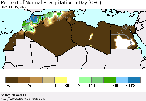 North Africa Percent of Normal Precipitation 5-Day (CPC) Thematic Map For 12/11/2022 - 12/15/2022