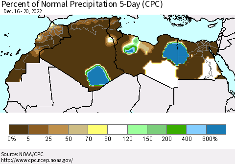 North Africa Percent of Normal Precipitation 5-Day (CPC) Thematic Map For 12/16/2022 - 12/20/2022