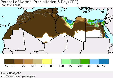 North Africa Percent of Normal Precipitation 5-Day (CPC) Thematic Map For 12/21/2022 - 12/25/2022