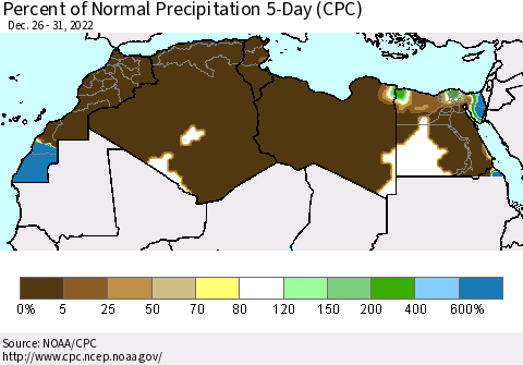 North Africa Percent of Normal Precipitation 5-Day (CPC) Thematic Map For 12/26/2022 - 12/31/2022
