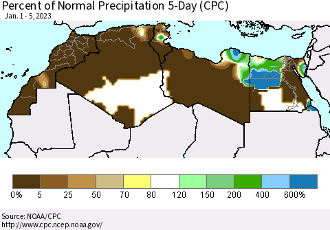 North Africa Percent of Normal Precipitation 5-Day (CPC) Thematic Map For 1/1/2023 - 1/5/2023