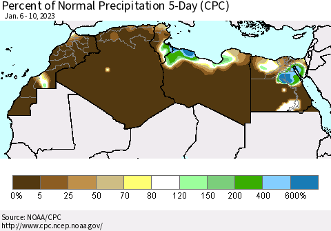 North Africa Percent of Normal Precipitation 5-Day (CPC) Thematic Map For 1/6/2023 - 1/10/2023