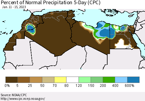 North Africa Percent of Normal Precipitation 5-Day (CPC) Thematic Map For 1/11/2023 - 1/15/2023