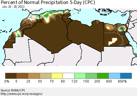 North Africa Percent of Normal Precipitation 5-Day (CPC) Thematic Map For 1/16/2023 - 1/20/2023
