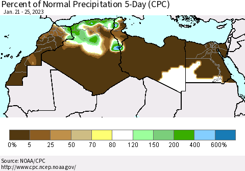 North Africa Percent of Normal Precipitation 5-Day (CPC) Thematic Map For 1/21/2023 - 1/25/2023
