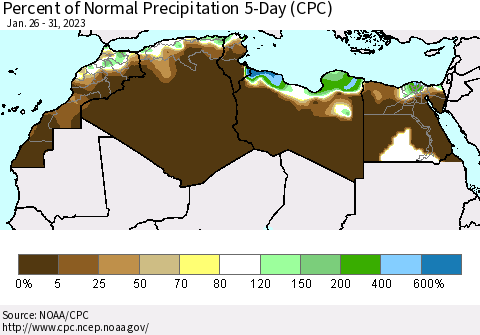 North Africa Percent of Normal Precipitation 5-Day (CPC) Thematic Map For 1/26/2023 - 1/31/2023