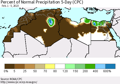 North Africa Percent of Normal Precipitation 5-Day (CPC) Thematic Map For 2/1/2023 - 2/5/2023