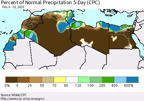 North Africa Percent of Normal Precipitation 5-Day (CPC) Thematic Map For 2/6/2023 - 2/10/2023