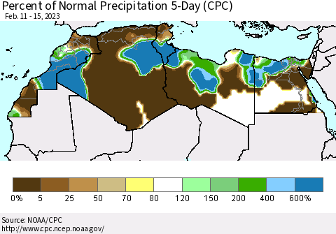 North Africa Percent of Normal Precipitation 5-Day (CPC) Thematic Map For 2/11/2023 - 2/15/2023