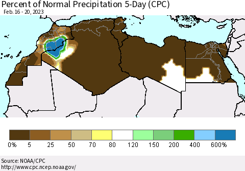 North Africa Percent of Normal Precipitation 5-Day (CPC) Thematic Map For 2/16/2023 - 2/20/2023