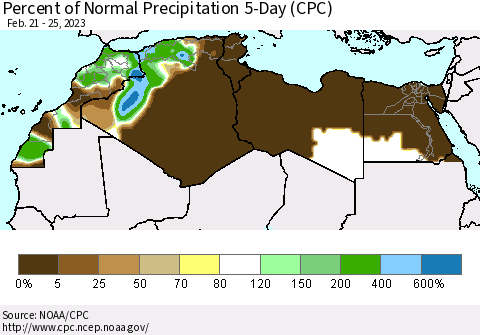 North Africa Percent of Normal Precipitation 5-Day (CPC) Thematic Map For 2/21/2023 - 2/25/2023
