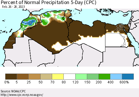 North Africa Percent of Normal Precipitation 5-Day (CPC) Thematic Map For 2/26/2023 - 2/28/2023